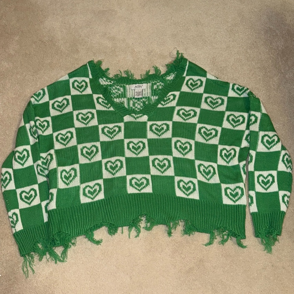 Just pretty New York large green and white checkered with hearts loose sweater
